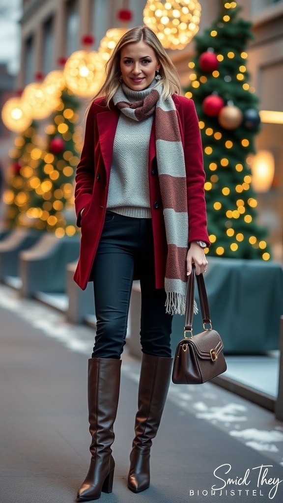 Elegant winter outfit for Christmas with a wool coat, sweater, trousers, and festive accessories.